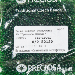 Бисер чешский PRECIOSA 8/0 (50гр) зеленый темный прозрачный 50120