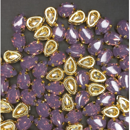 Страза капля в золотых рамочных цапах 7*10мм (LT Пурпурный опал)